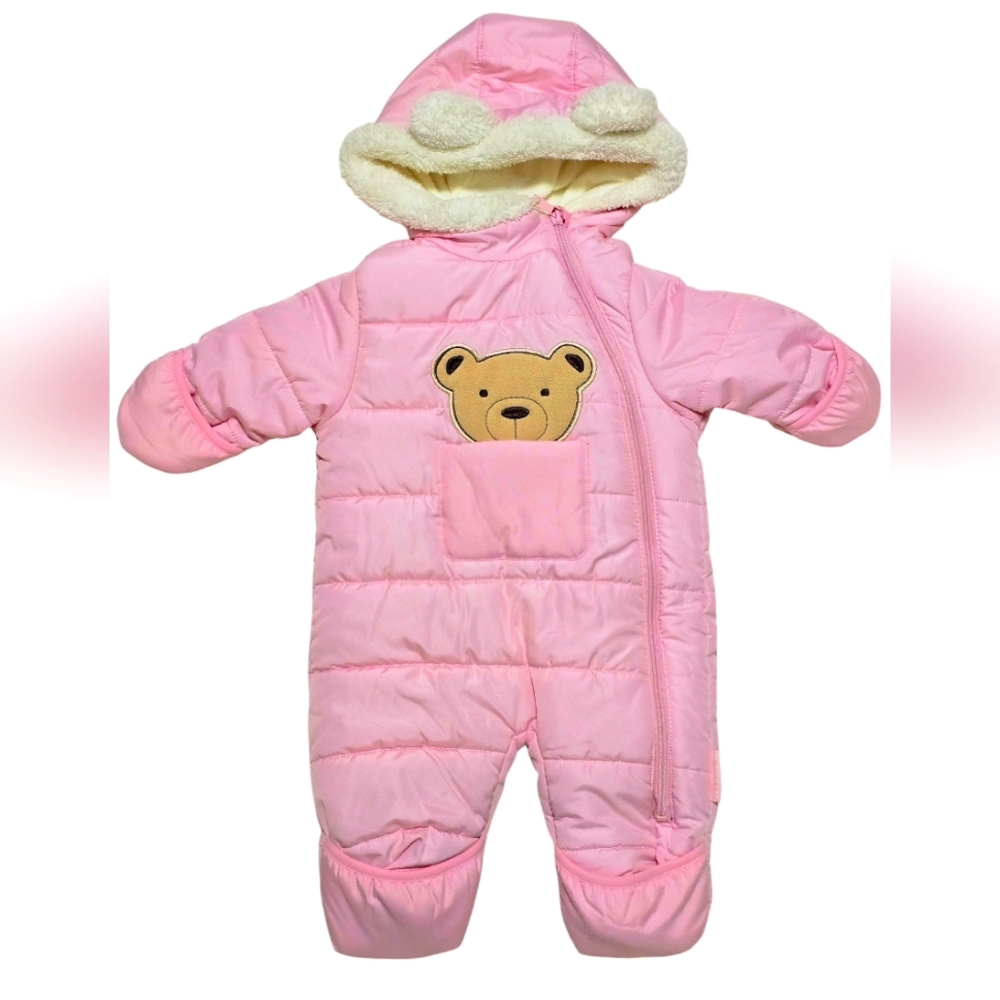 Baby Girls Snowsuit, Wippette, 6/9 M, Pink 3D Cute Bear Applique Quilted Pram